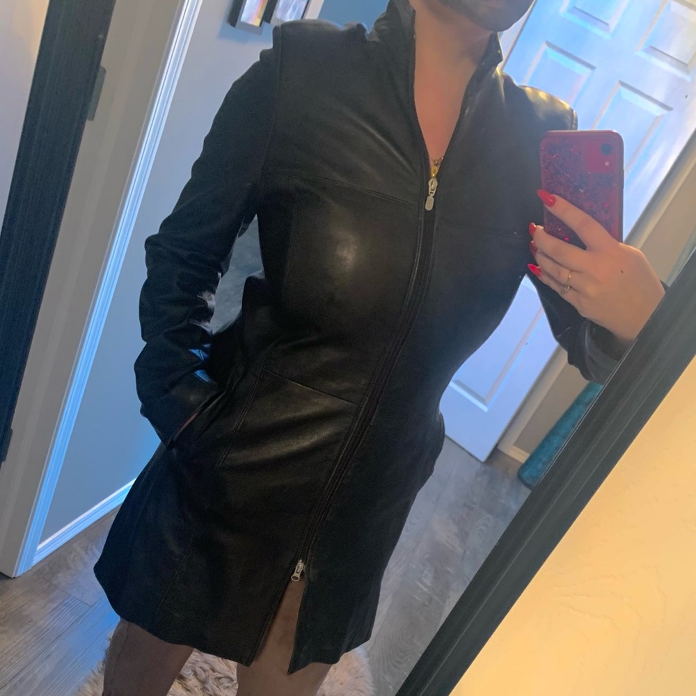 Real leather knee length jacket